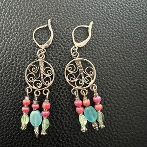 🍄Vintage Elegant Silver Detail Red Blue Green Beads Dangle Earrings Jewelry